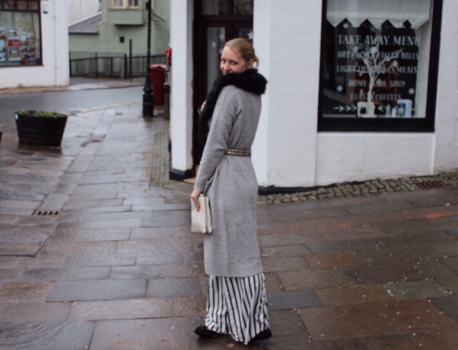 Monochrome-faux-fur-belted-outfit