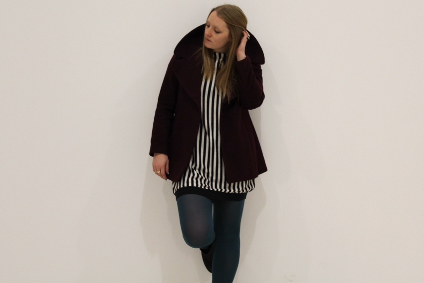 Burgundy-coat-striped-dress-green-tights