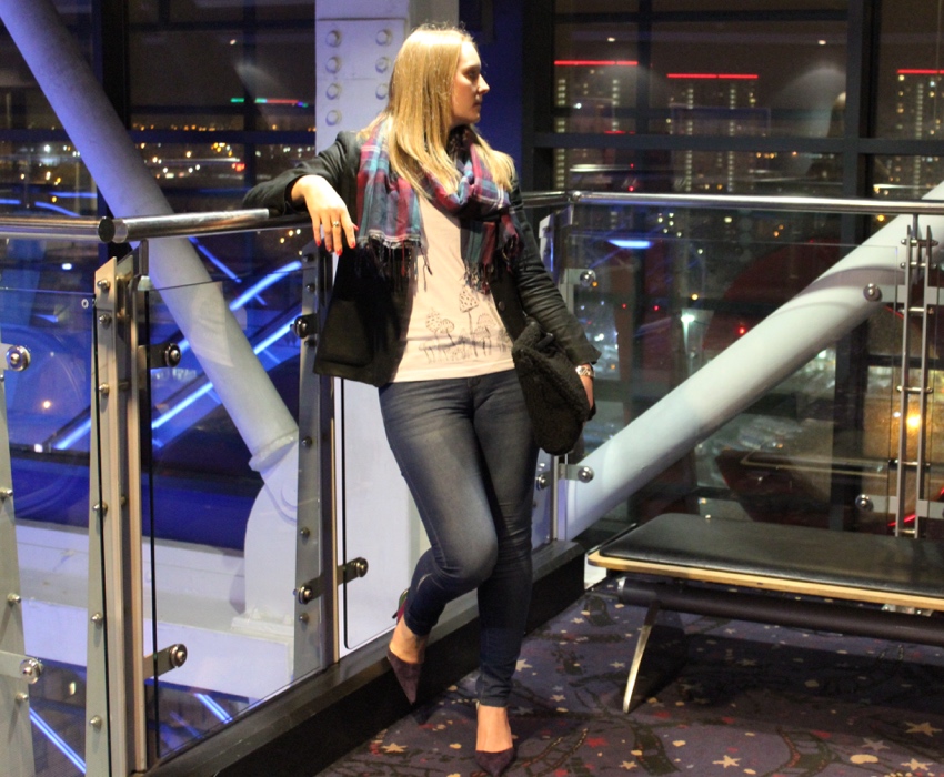 Jeans heels blazer tartan scarf W=850 H=700 Jeans-heels-blazer-tartan-scarf