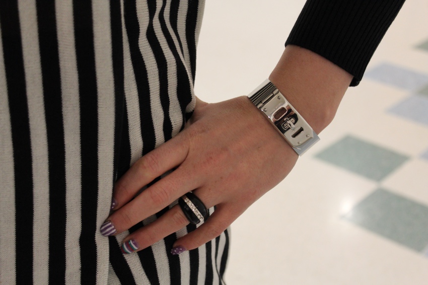 Silver-lock-bracelet-striped-dress