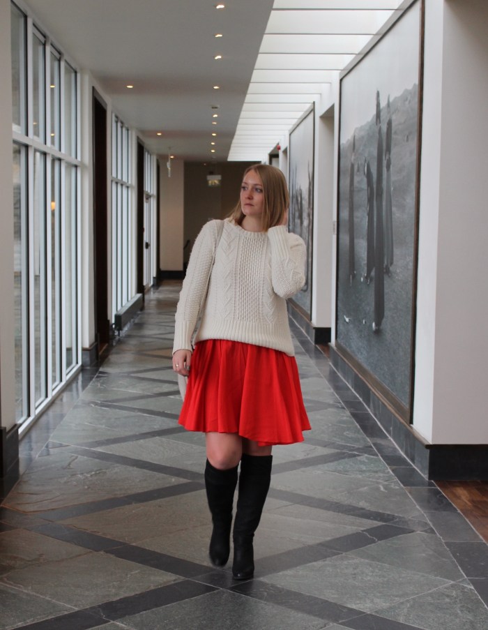 Red dress layered otk boots street style Scotland W=700 H=903 Red-dress-layered-otk-boots-street-style