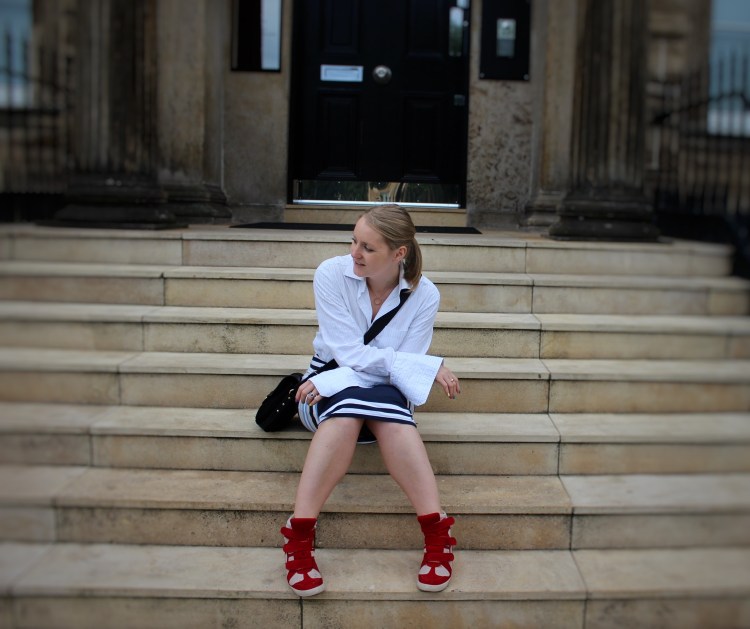 Living-in-a-Boxx-trumpet-sleeve-shirt-striped-midi-skirt-street-style-Glasgow