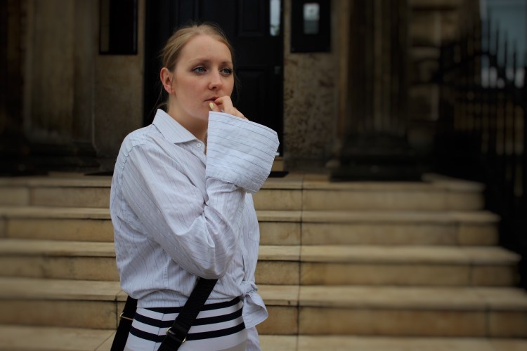 Living-in-a-Boxx-trumpet-sleeve-shirt-midi-striped-skirt-street-style-Glasgow