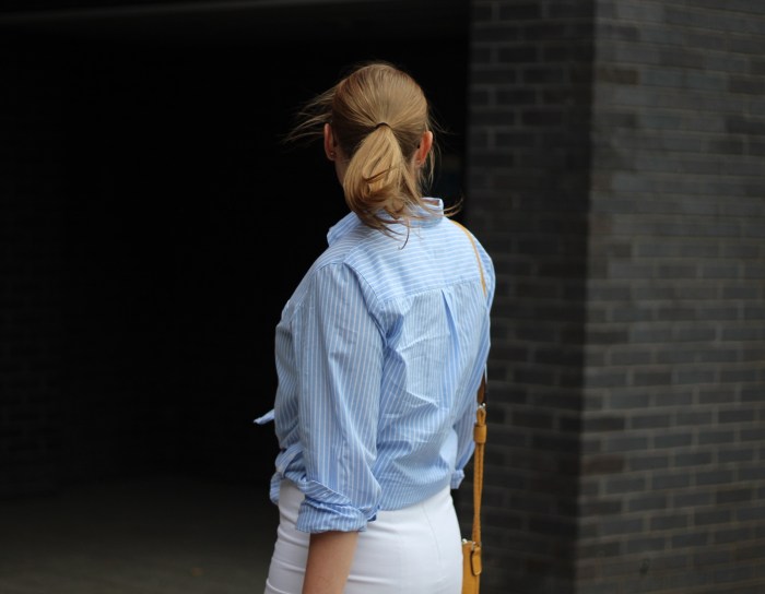 living-in-a-boxx-pencil-skirt-blue-white-striped-shirt