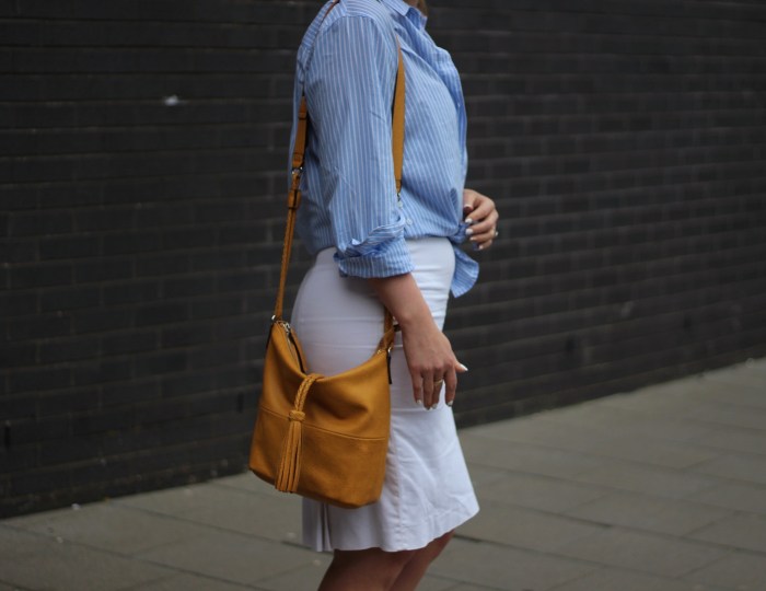 living-in-a-boxx-white-pencil-skirt-blue-white-stripe-shirt