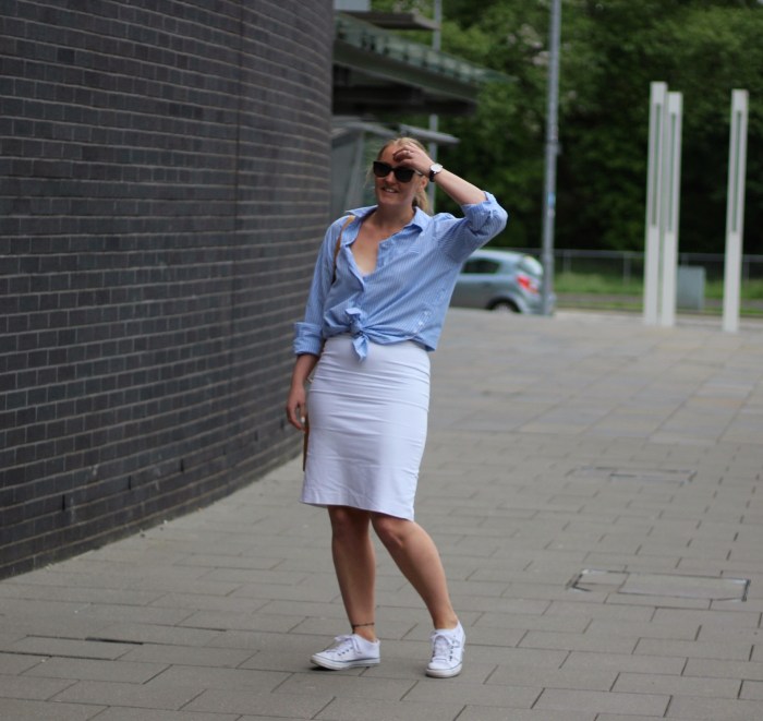 living-in-a-boxx-white-pencil-skirt-blue-white-stripe-shirt